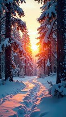 Naklejka premium Soft light of winter sunrise illuminates snow-covered pines, Light, Sunrise, Forest
