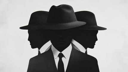 Three faceless men in suits with hats, appearing in a row. The image conveys a sense of mystery and anonymity.