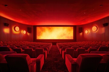 Fototapeta premium Red themed cinema with empty seating and a large screen displaying fiery visuals. Generative AI