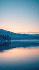 Fototapeta premium Softly falling snowflakes on a serene lake at dawn, lake, tranquil scene, serene landscape