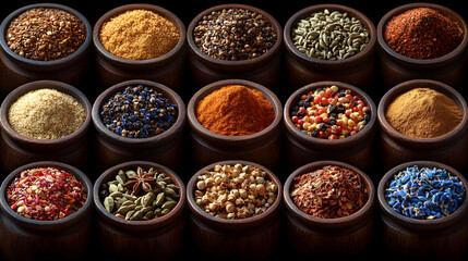Assorted Spices In Wooden Bowls On Dark Background
