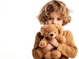Child embracing a teddy bear, showcasing warmth and innocence, evoking feelings of comfort and childhood joy.