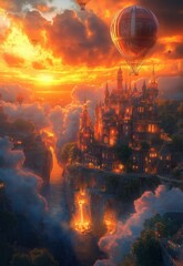 A hot air balloon flies over a majestic castle.