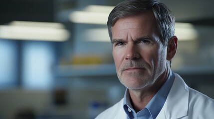 Fototapeta premium Focused male scientist in lab coat embodies dedication to scientific discovery.