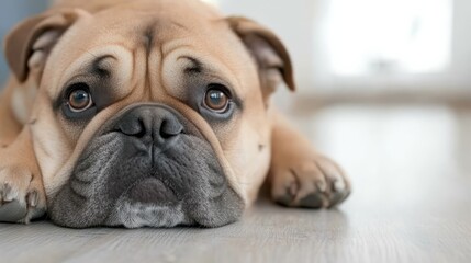 Fototapeta premium Bulldog sitting on the floor in front of a kitchen area with copy space.