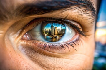 Naklejka premium Man eye reflecting city vision and perception concept