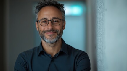 Obraz premium Man with glasses smiling in a well-lit corridor during daytime, showcasing his friendly demeanor and confidence