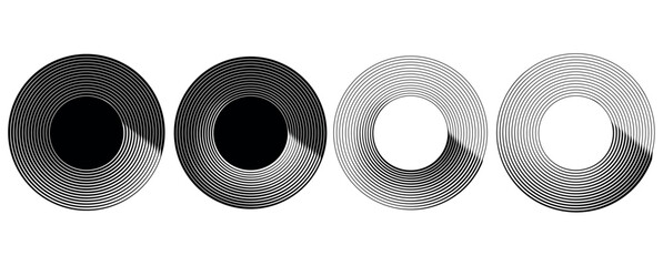 Circular glowing spiral rhythm sound wave of lines. Set of round black white geometric stripes in the form of spiral waves.