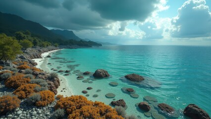Fototapeta premium Split view of coral reef underwater and tropical island above clear turquoise water 