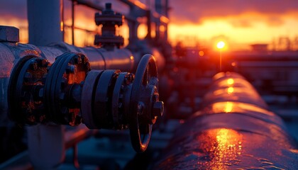 Industrial pipes and valves, intricate details of machinery, showcasing robust engineering and complex connections in a manufacturing setting