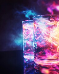 Neon Drinks: Two glasses filled with a vibrant, glowing liquid, creating a surreal and colorful scene. The liquid appears to be infused with neon lights or energy.