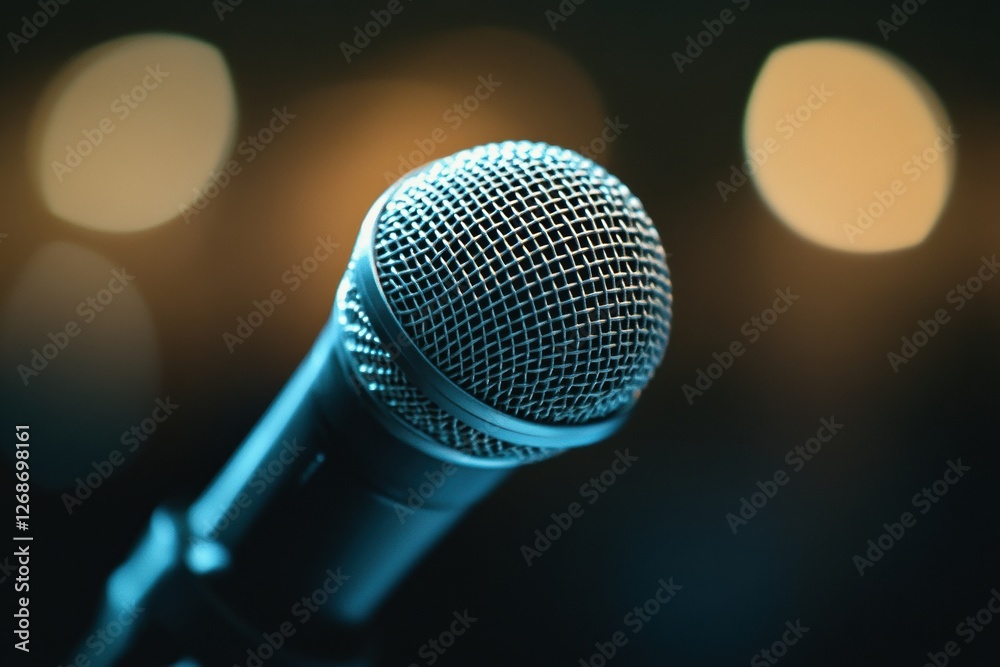 Leinwandbilder Close up of microphone glowing in low light creating an inviting atmosphere for performers at a music event. Generative AI