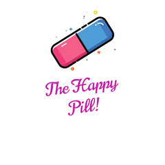 A vibrant and uplifting graphical vector design featuring the phrase "The Happy Pill" in bold, playful typography. The text can be styled with smooth curves, bright colors, and a cheerful design, poss