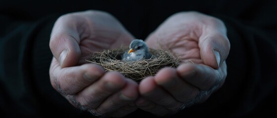 Hands gently hold a small bird in a nest, symbolizing care and protection in a tranquil setting