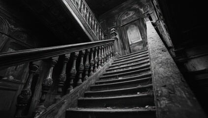 Naklejka premium Desolate Grandeur: A Black and White Exploration of an Abandoned Mansion's Grand Staircase