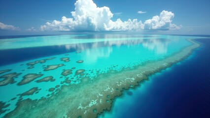 Aerial view of tropical coral atolls surrounded by clear turquoise ocean water	