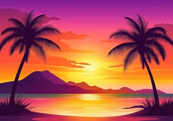 Obraz premium tropical sunset with palm trees Vector illustration of a sunset with palm trees on the beach, a colorful background, vector art, flat design, detailed, digital art, with orange and purple colors