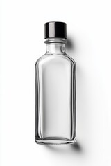 Minimalist frosted glass dispenser with pump in the middle on white background with space for text.
