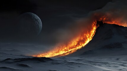 Fiery volcanic eruption on a distant moon contrasts with icy terrain, showcasing nature's raw power.