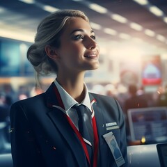 A flight attendant celebrating Workers' Day, preparing for a flight in an airport terminal. Labour day