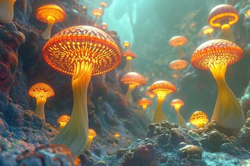 A surreal image of floating mushrooms in a colorful, dreamlike landscape with luminous patterns on their caps.
