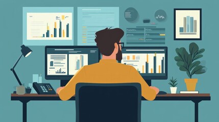 Fototapeta premium Data Analysis Expert Working From Home. Monitoring Financial Diagrams And Market Data. Vector Style Illustration.
