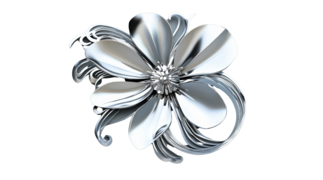 Shiny silver metal flower blooming with transparent background