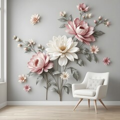 3d mural wallpaper with simple floral painting light gray background.