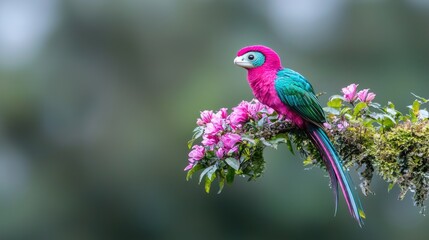 Fototapeta premium Pink-necked parrot on flowering branch, rainforest background