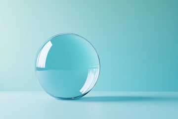 A transparent glass sphere sits on a light blue surface