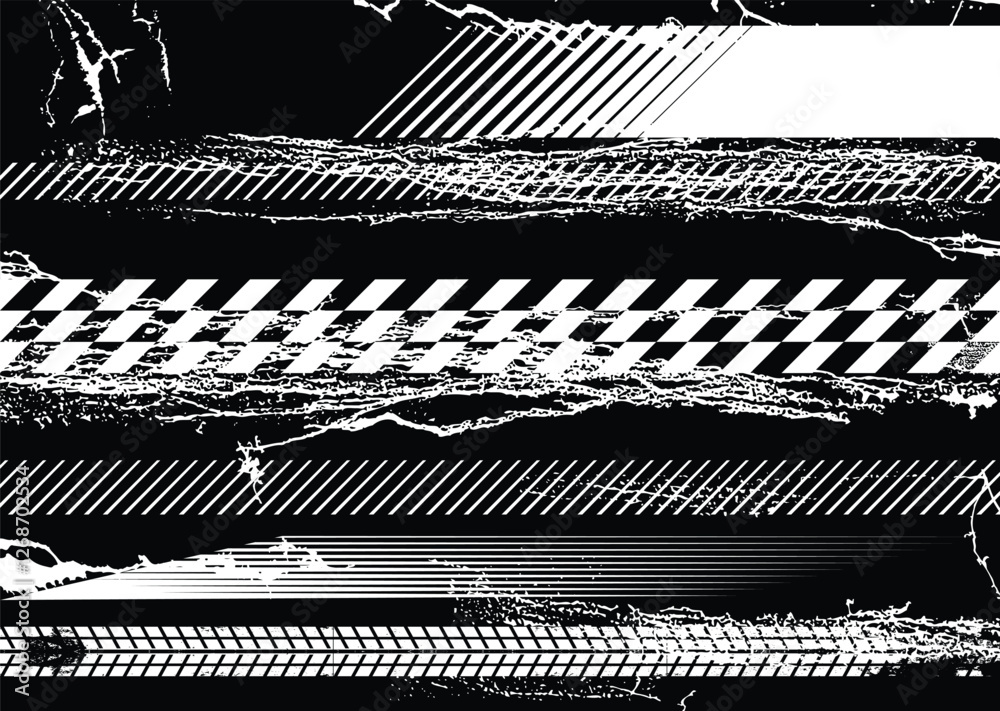 Poster Glitch distorted grunge layer . Noise destroyed texture. Checkered race grunge flag . Overlay grunge texture .Distressed effect .Vector shapes with a speed lines and tire tracks screen print texture.