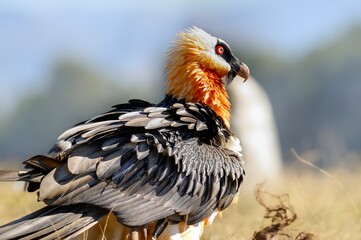 BEARDED VULTURE (Gypaetus barbatus) .  close up detail of face and plumage.  highly endangered .