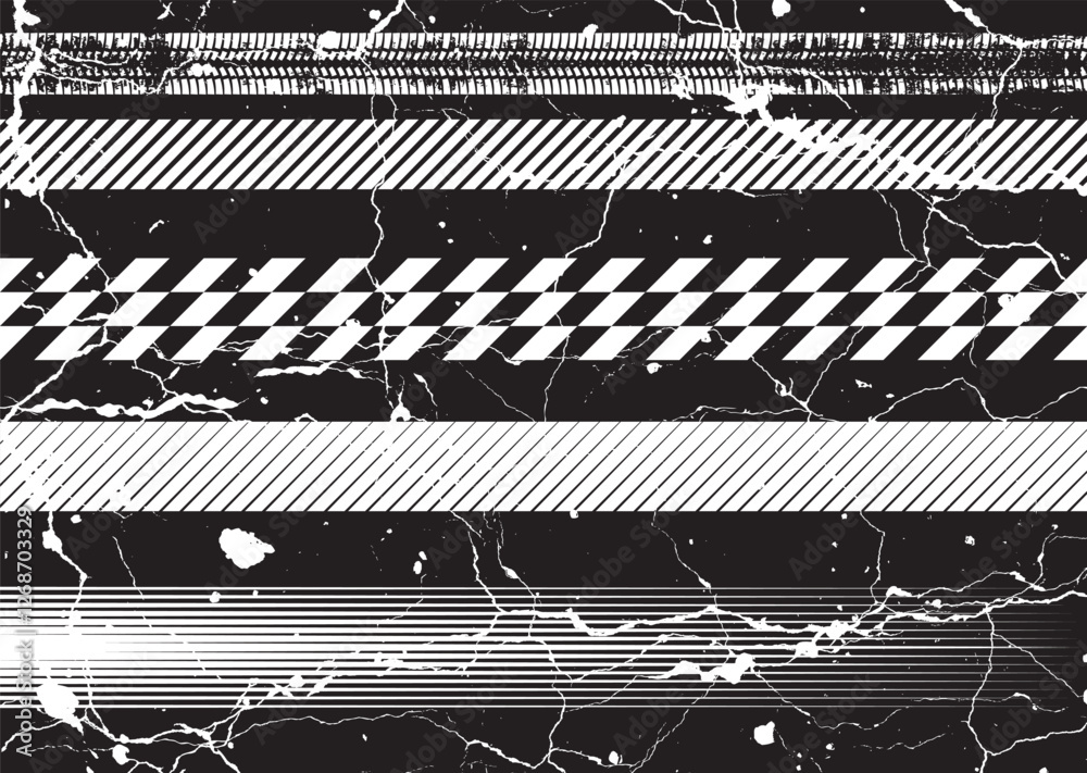 Poster Glitch distorted grunge layer . Noise destroyed texture. Checkered race grunge flag . Overlay grunge texture .Distressed effect .Vector shapes with a speed lines and tire tracks screen print texture.
