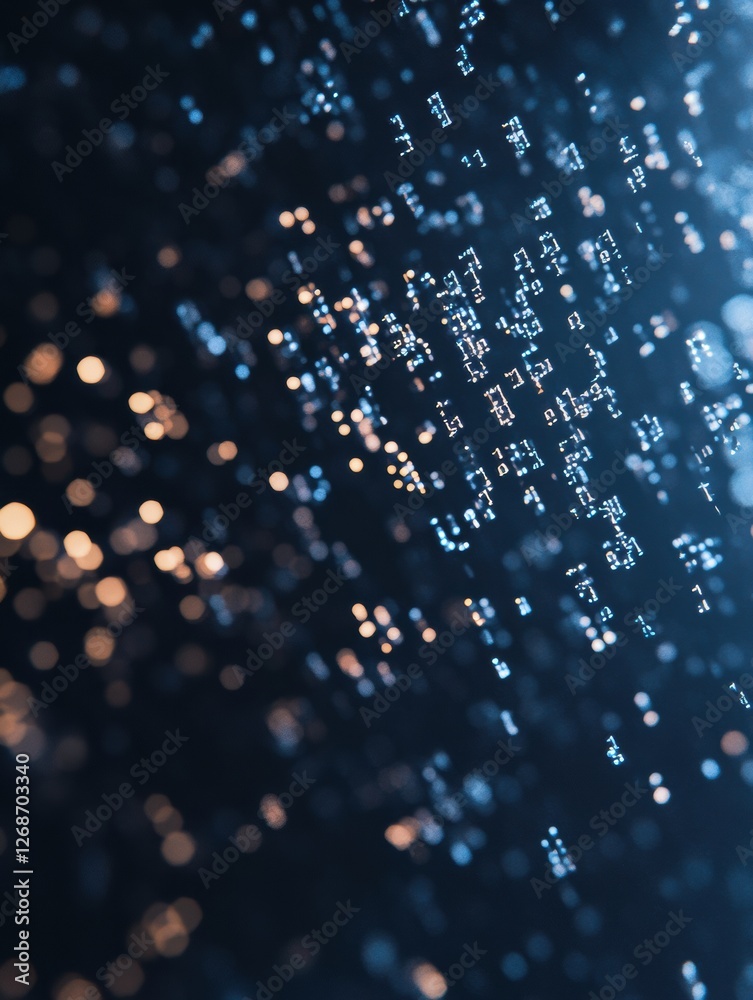 Poster Digital particles cascade through a dark background, creating an abstract visual effect in a modern artistic display. Generative AI