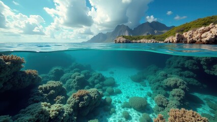 Fototapeta premium Split view of coral reef underwater and tropical island above clear turquoise water 