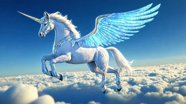 Majestic winged unicorn soaring above fluffy clouds in a clear blue sky