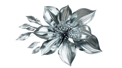 Metallic flower blooming with silver petals on transparent background