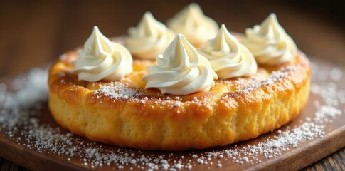 Whipped cream dollops scattered across a golden-brown pastry, topping, treat