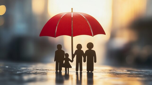 Family Under Red Umbrella. Life Insurance Concept, Protecting Loved Ones From Hardship, Financial Safety.