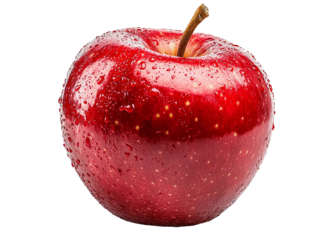 A fresh organic apple with a glossy red surface, isolated on a clean transparent background, PNG file.