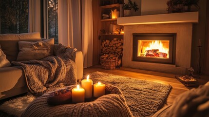 Fototapeta premium Cozy living room with a roaring fireplace, warm ambiance, inviting furniture, soft textures, perfect for relaxation and gatherings