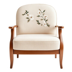 Elegant Cream Floral Embroidered Armchair with Wooden Accents in Classic Design