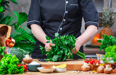 Chef blogger in uniform holds bunch of parsley. Cozy kitchen with wooden table, kitchenware, vegetables, herbs and ingredients for cooking. Healthy vegan food, eating, culinary, recipes, blogging