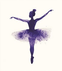 Watercolor painting of a beautiful elegant ballerina in a white tutu with purple and blue.