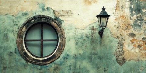Antique Wall Lamp and Round Window on a Weathered Facade