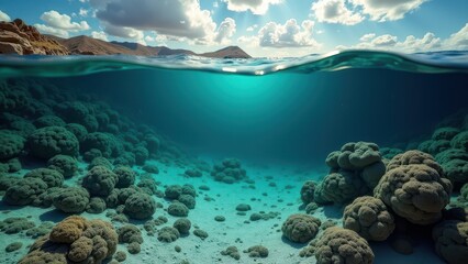 Obraz premium Split view of a coral reef underwater and a dramatic sky with sun above ocean 