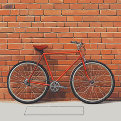 Fototapeta premium A simple bicycle resting against a textured brick wall, urban scene.