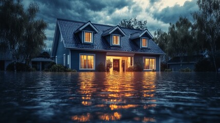 Fototapeta premium Flooded Home At Night. Rising Waters Reflecting On The Water'S Surface. Climate Change Concept.