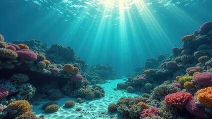 Naklejka premium Underwater view of a vibrant coral reef with sunlight rays filtering through ocean 