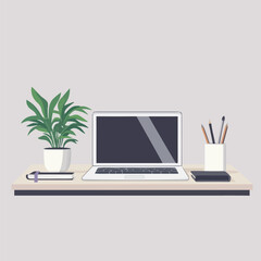 Fototapeta premium A modern workspace with a laptop, notebook, and pen on a desk.